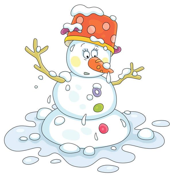 ilustraciones, imágenes clip art, dibujos animados e iconos de stock de divertido muñeco de nieve descongelándose en un charco - melting snowman winter spring