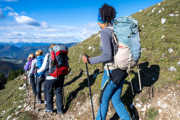 istock Group of hikers walking on dirt track 1374414776