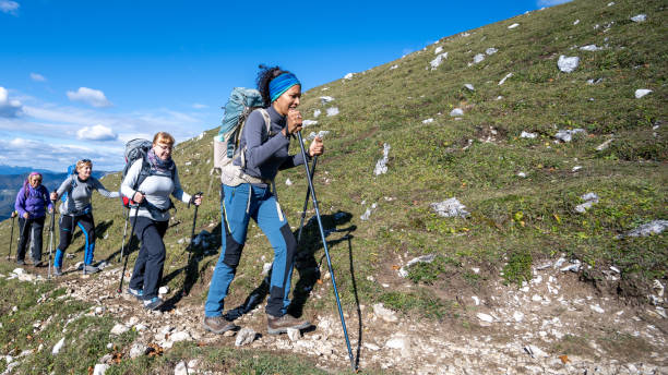 istock Group of hikers walking on dirt track 1374414797