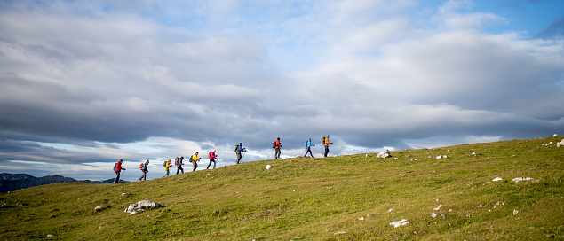 Group of hikers with hiking poles and rucksacks walking on grassy hill against cloudy sky.