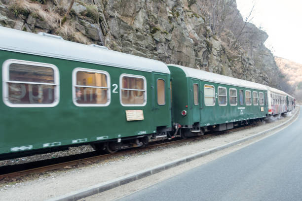 Narrow gauge railway on the tracks near the road in Bulgaria