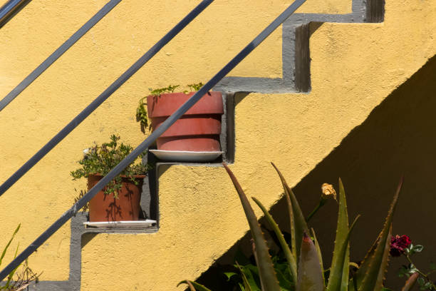 Yellow staircase close-up side view, flower pots on a building doorway staircase. Galicia, Spain.