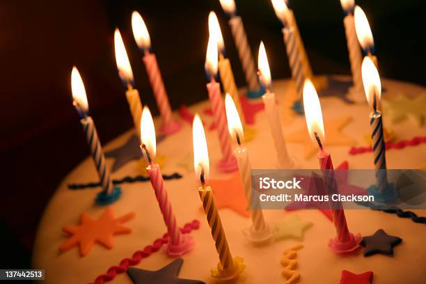 Close Up Of Celebration Cake With Lit Candles Stock Photo - Download Image Now - Achievement, Anniversary, Award