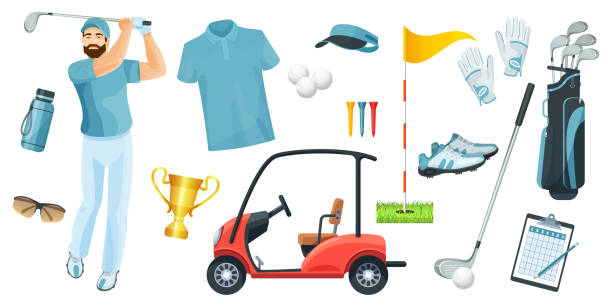 Golf equipment set logo icons sports gear for game vector art illustration