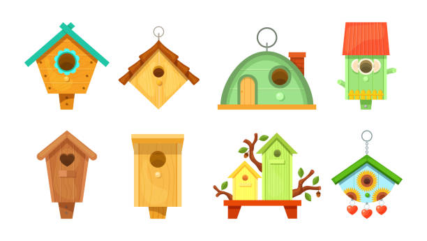 ilustraciones, imágenes clip art, dibujos animados e iconos de stock de casas decorativas de aves de primavera de madera. jardín pajareros para alimentar aves. - birdhouse animal nest bird tree