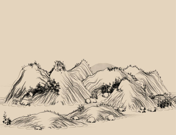 istock vintage style traditional Chinese landscape painting illustration,mountains 1374446732
