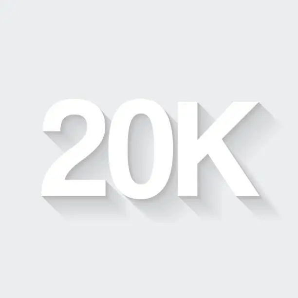 Vector illustration of 20K, 20000 - Twenty thousand. Icon with long shadow on blank background - Flat Design