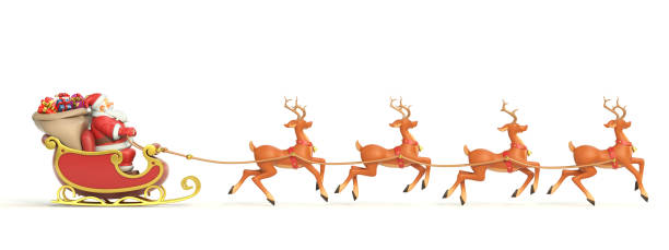 istock Santa Claus rides reindeer sleigh on Christmas side view 3d rendering 1374454335