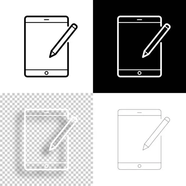 Vector illustration of Tablet PC with pen. Icon for design. Blank, white and black backgrounds - Line icon