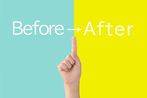 Child's hand on light blue and yellow background with before and after word