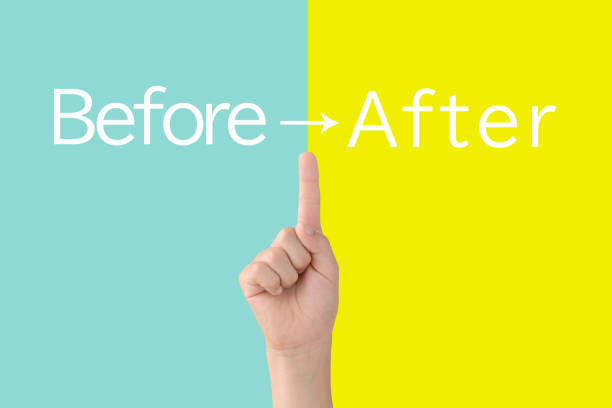 Child's hand on light blue and yellow background with before and after word stock photo