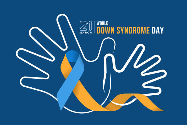 World down syndrome day - Yellow blue ribbon sign roll around white border line hands on dark blue background vector design World down syndrome day - Yellow blue ribbon sign roll around white border line hands on dark blue background vector design childrens rights stock illustrations