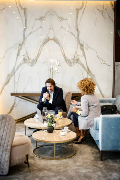 호텔 로비에서 가상 회의를 하는 비즈니스 인 - business travel luxury indoors plant 뉴스 사진 이미지