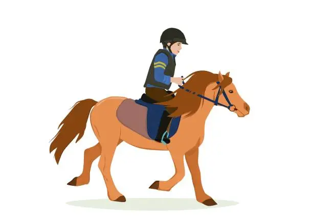 Vector illustration of vector illustration on the theme of riding. A boy in a helmet and a protective vest rides a pony. Isolated on a white background
