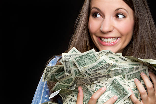 Sonriente mujer dinero - foto de stock