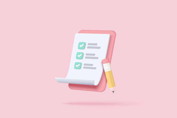 3d white clipboard task management todo check list with pencil, efficient work on project plan, fast progress, level up concept, assignment and exam checklist icon. vektor 3d dengan latar belakang merah muda - tugas makalah ilustrasi stok