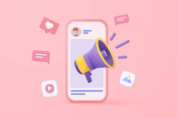 istock 3d megaphone speaker or loudspeaker bullhorn for announce promotion, megaphone loudhailer with microphone mockup , speakerphone 3d vector for alert and announcement on isolate purple background 1374486890