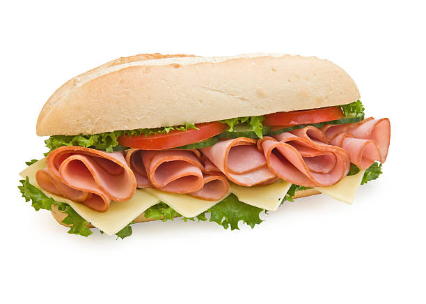 prosciutto fresco & svizzero panino submarine - panino submarine foto e immagini stock