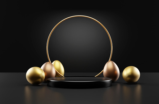 Golden Easter eggs and product podium stage with spotlight on black table. Easter holiday product showcase mockup. Luxury gold and bronze premium pedestal background. 3d render illustration