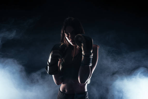 Silhouette portrait with white smoke in the background of a female model with boxing gloves Silhouette portrait with white smoke in the background of a female model with boxing gloves boxer dog stock pictures, royalty-free photos & images