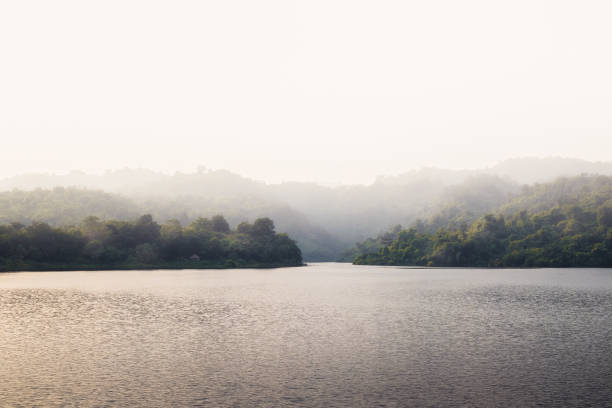 View of mountain forest landscape shrouded misty in the early morning on the lake, Nakhon Nayok Province, Thailand.