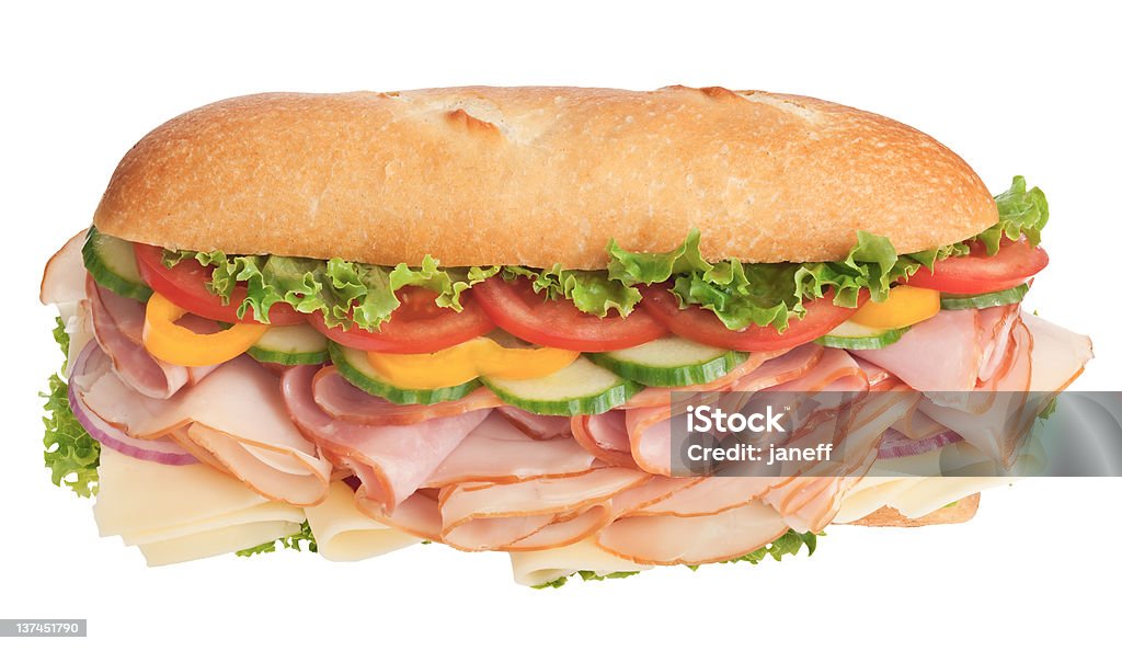 Köstliches sandwich, gefüllt mit Gemüse, Käse und Aufschnitt - Lizenzfrei Baguette-Sandwich Stock-Foto