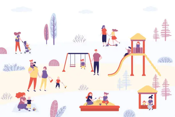 Vector illustration of Parents walk with children. Public park with various children playground. Outdoor activity for kids. Children's swing, slides, sandbox. Family weekend.