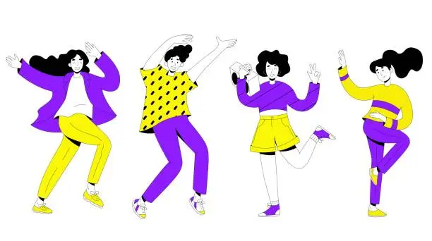 Vector illustration of Group of young happy dancing people listening the music on the their boombox.