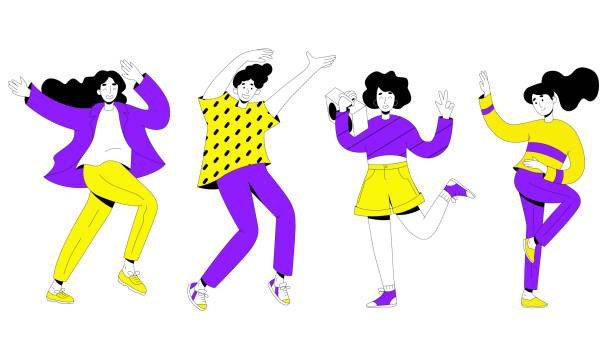 group of young happy dancing people listening the music on the their boombox. - 高舉手臂 插圖 幅插畫檔、美工圖案、卡通及圖標