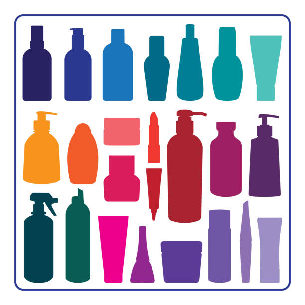 ilustraciones, imágenes clip art, dibujos animados e iconos de stock de siluetas de botellas cosméticas - artículos de aseo