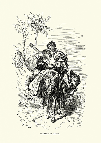 Vintage illustration of Peasant of Alcoy, playing guitar and singing, riding a donkey, Valencia, Spain, 19th Century Gustave Dore.