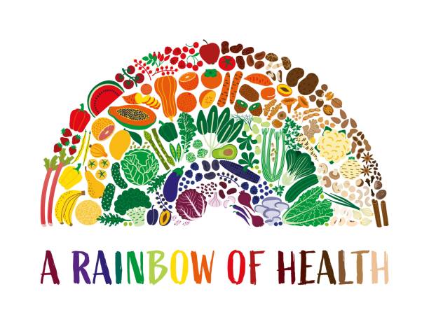 illustrazioni stock, clip art, cartoni animati e icone di tendenza di illustrazione di cibo sano - infografica vettoriale mangia arcobaleno - healthy eating food vegetable fungus