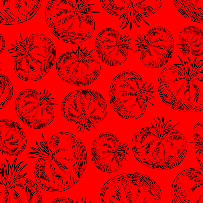 Tomato hand drawing pattern seamless. vegetable sketch background. Vector texture