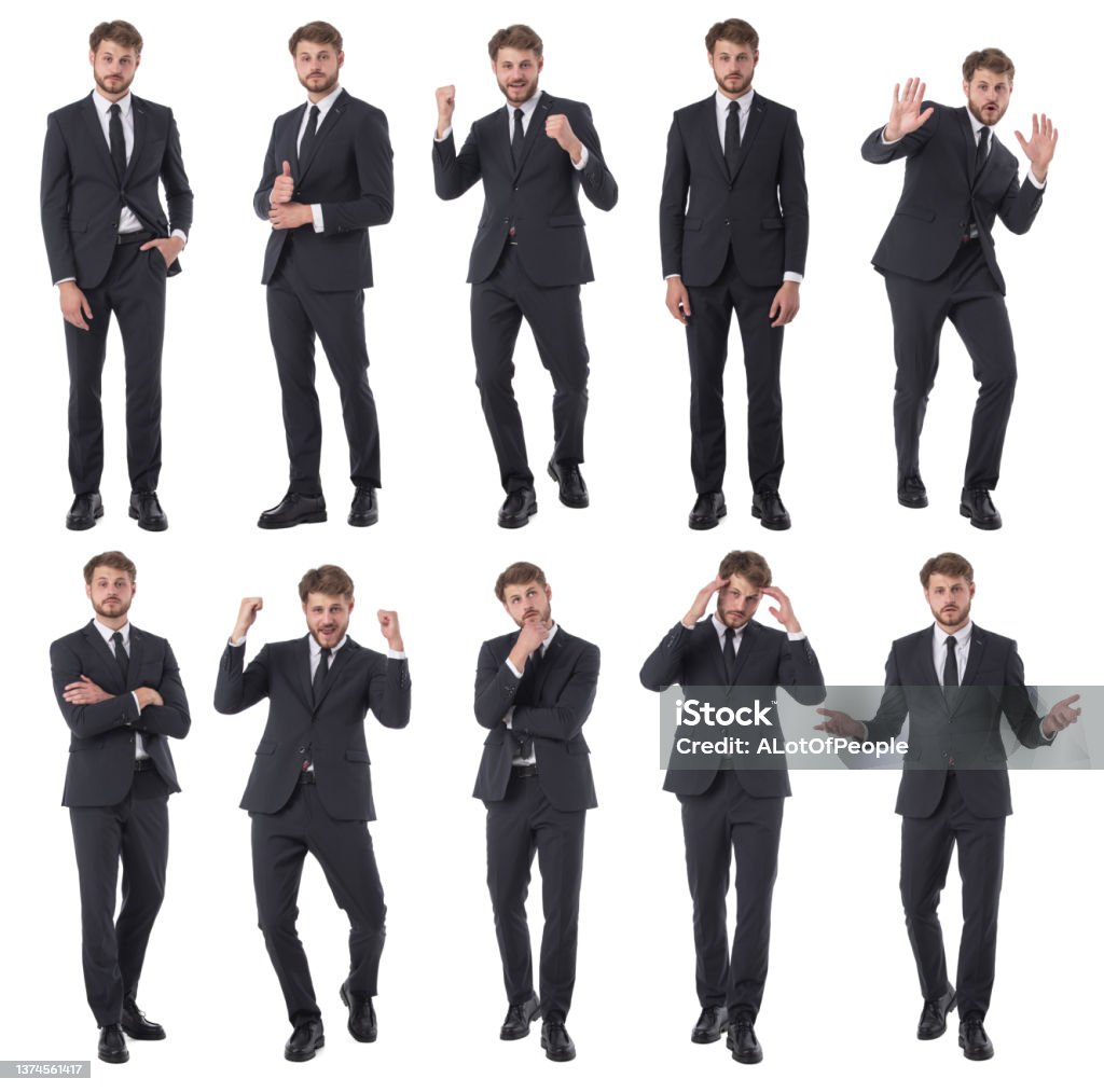Business man portraits isolated Set of young business man portraits doing different gestures isolated on white background Gesturing Stock Photo