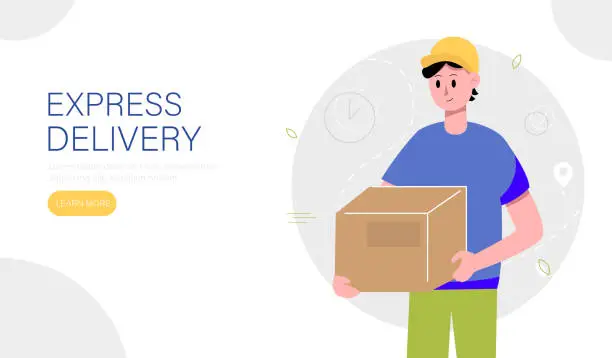 Vector illustration of Express delivery landing page template. Delivery man holding a parcels box. Vector illustration.