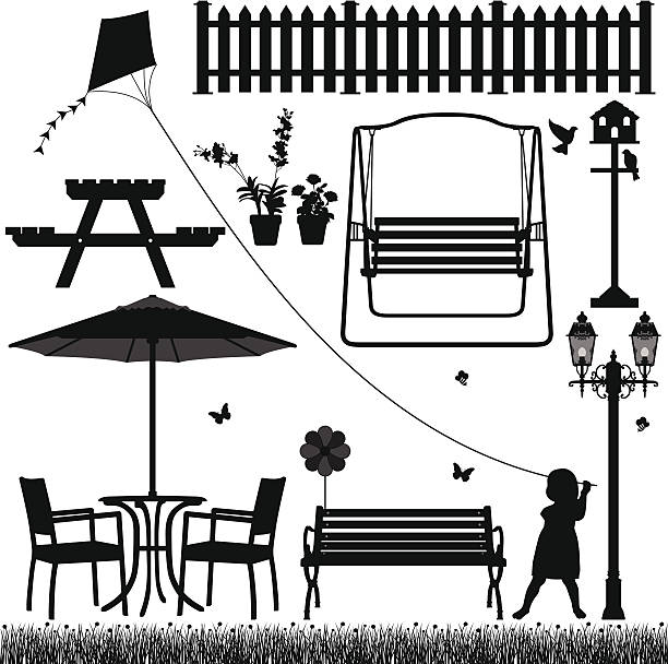 garten park hof feld outdoor-szenario - bench park park bench silhouette stock-grafiken, -clipart, -cartoons und -symbole