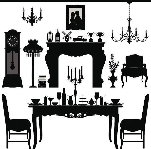 Vector illustration of Dining Area Traditional Old Antique Furniture Interior Design