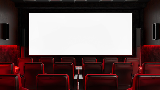 Empty Movie Theater with Blank White Cinema Screen. 3D Render