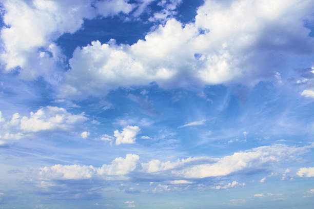 Beautiful blue sky and white cumulus and cirrus clouds. Background. Landscape.