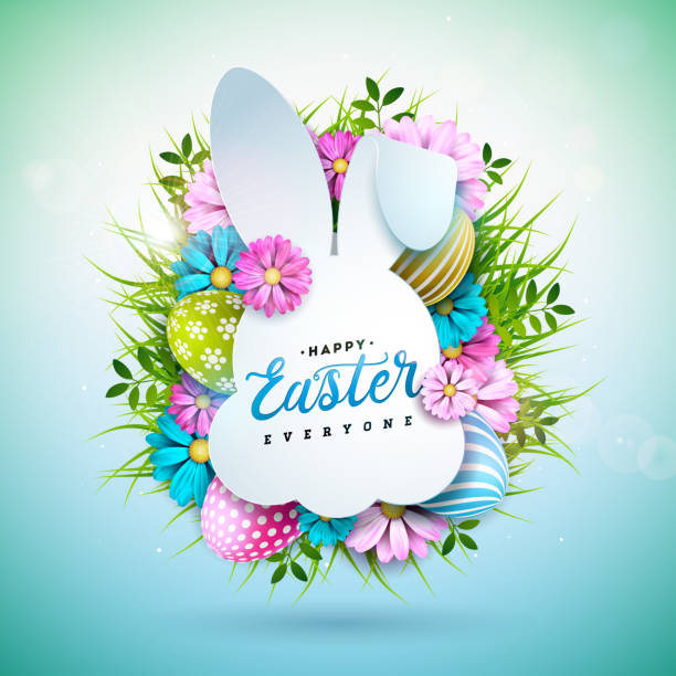 ilustrações de stock, clip art, desenhos animados e ícones de vector illustration of happy easter holiday with painted egg and spring flower on shiny yellow background. international celebration design with rabbit shape and typography for greeting card, party invitation or promo banner. - easter eggs red