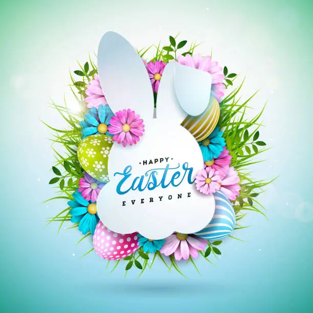 Vector illustration of Vector Illustration of Happy Easter Holiday with Painted Egg and Spring Flower on Shiny Yellow Background. International Celebration Design with Rabbit Shape and Typography for Greeting Card, Party Invitation or Promo Banner.