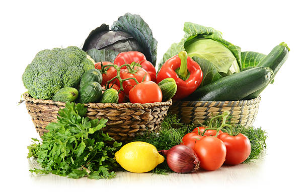 istock Raw vegetables and wicker baskets isolated on white 137461262