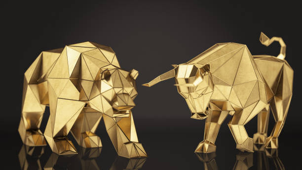 istock Golden Low Poly Bull and Bear Financial Symbols 1374616599