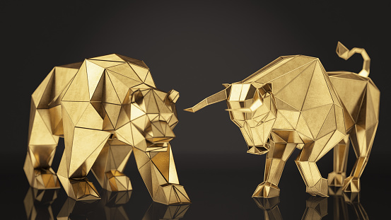 Golden Low Poly Bull and Bear Financial Symbols. 3D Render