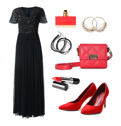 Elegant outfit. Collage with dress, shoes, accessories and cosmetics for woman on white background