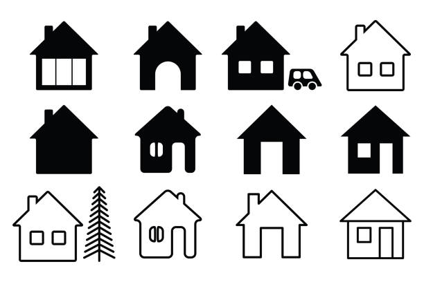 ilustraciones, imágenes clip art, dibujos animados e iconos de stock de inicio icono negro - casitas