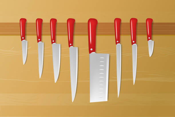 istock Set of steel kitchen knives isolated on white background. Restaurant chef knives collection, butcher knife, realistic cutlery icons, 3d vector illustration 1374618326