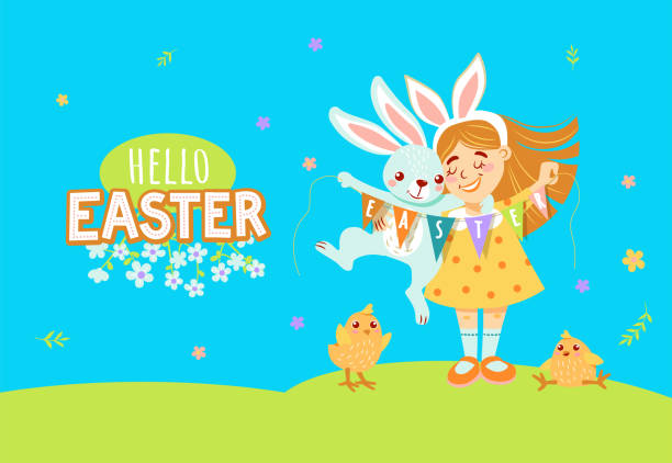 a girl with a decoration on her head - with bunny ears, holds a bunny and a garland with flags. Two little yellow chickens. Lettering - Hello Easter. a girl with a decoration on her head - with bunny ears, holds a bunny and a garland with flags. Two little yellow chickens. Lettering - Hello Easter. holding child flower april stock illustrations