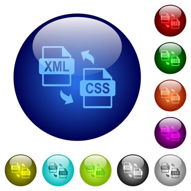 XML CSS file conversion color glass buttons XML CSS file conversion icons on round glass buttons in multiple colors. Arranged layer structure extensible stylesheet language stock illustrations