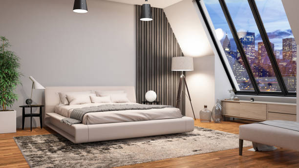 istock Modern Luxury Bedroom at Night with a Cityscape Through the Window 1374647082